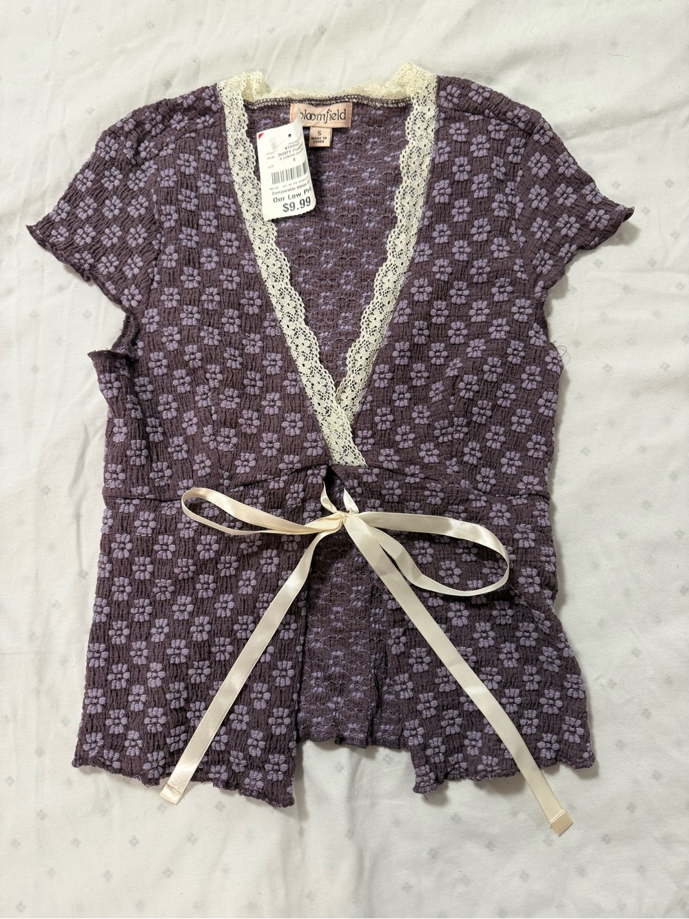 Purple and White Lace-Trim Floral Top